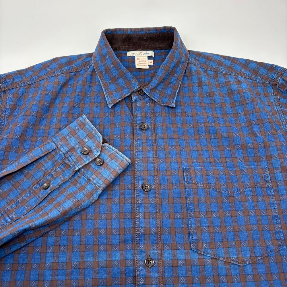 Carbon 2 Cobalt Mens Medium Blue Brown Check‎ Long Sleeve Button Up Shirt